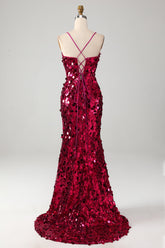 Funkelnd Mermaid Spaghetti Träger Fuchsia Pailletten Langes Ballkleid mit Schlitz
